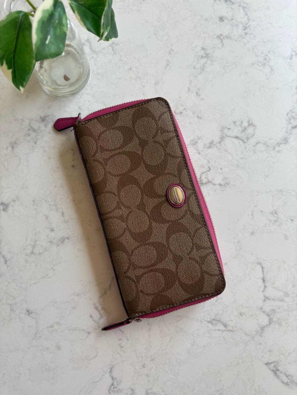 Coach Brown Signature Zip Wallet with Pink Trim